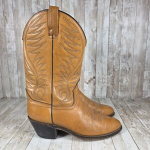 Mens Tan Leather Cowboy Boots Western Stitch Detail Heel‎ Pull On Size 9.5